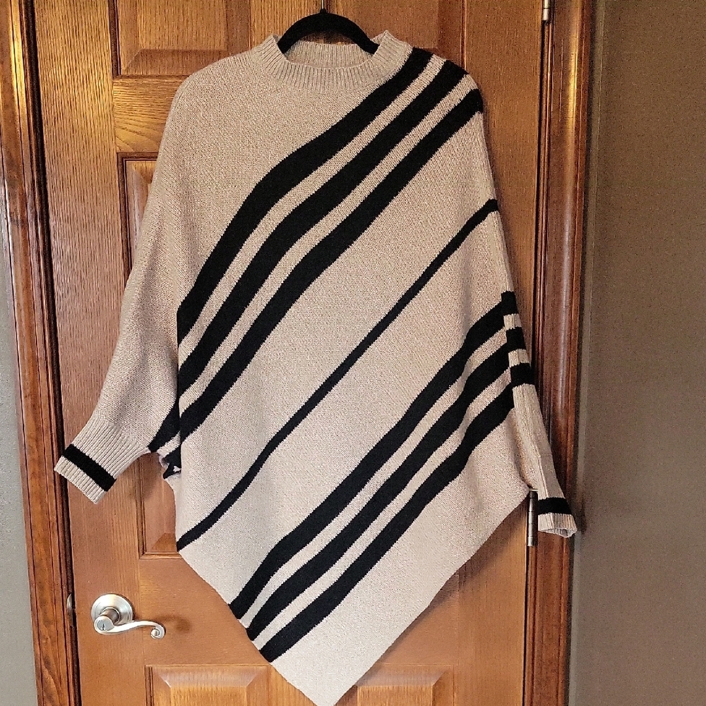 SHEIN Beige Poncho Sweater with Black Diagonal Stripes